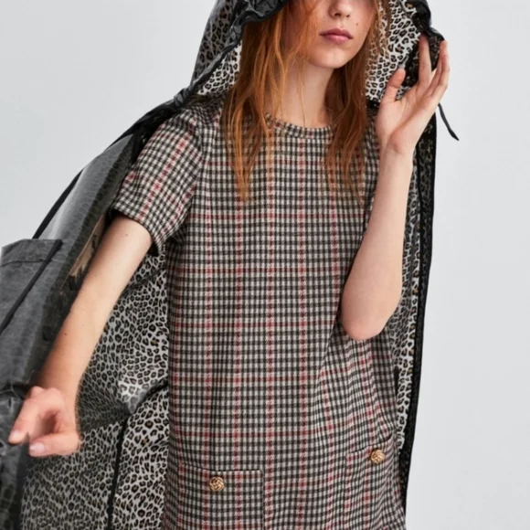 Zara Houndstooth Trafaluc Brown Black Red SHIFT Dress Size Small Polyester - Picture 2 of 16